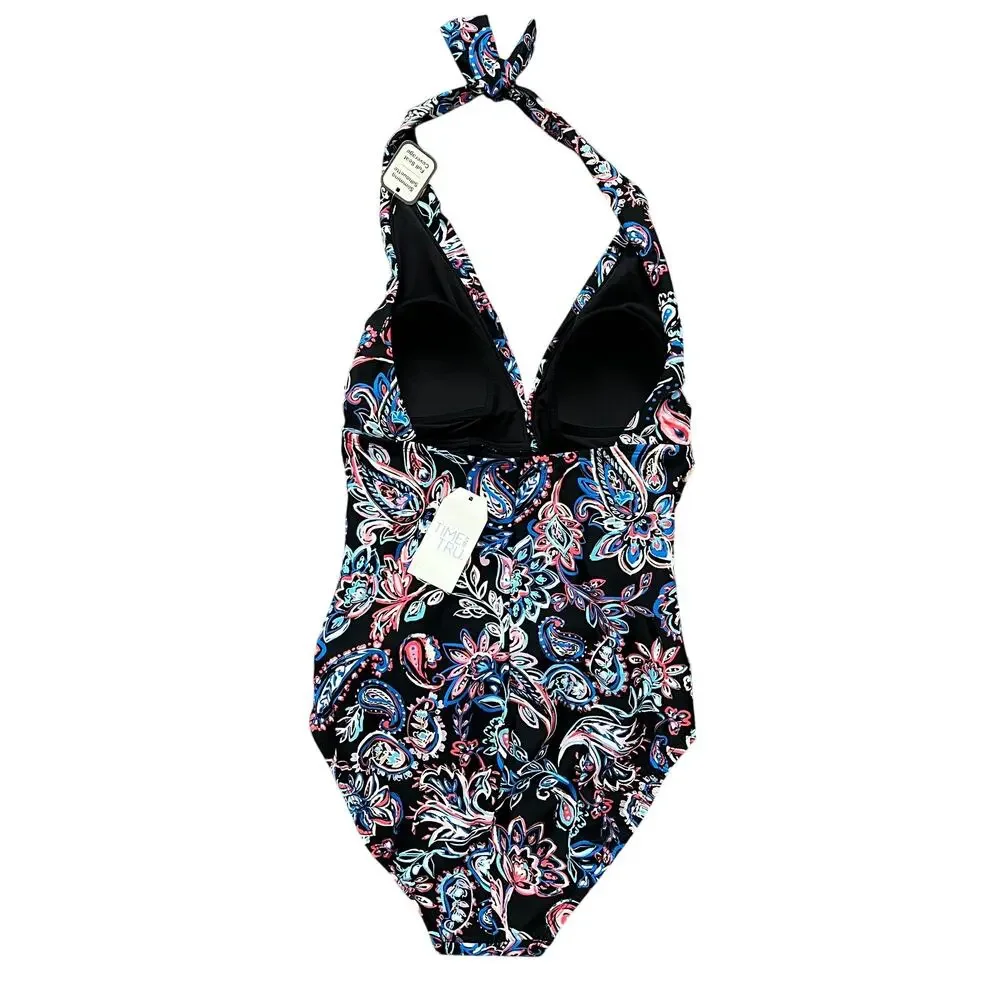 Time&Tru‎ Womens Carnival Paisley Halter Multicolor One Piece Swimsuit Small NWT